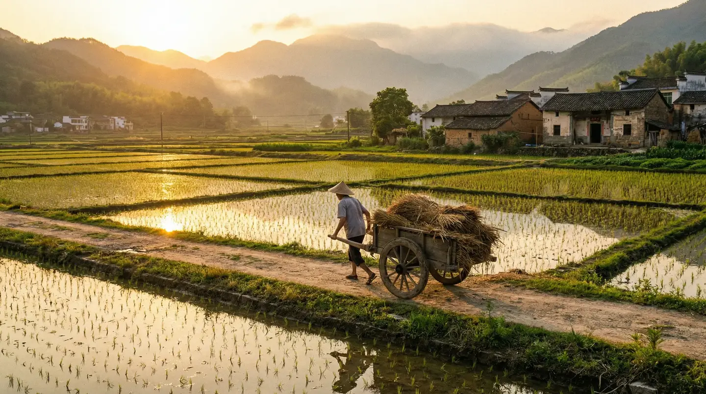 老汉推车- - 金色夕阳下的乡村田野，老农推着木车行走在田埂上