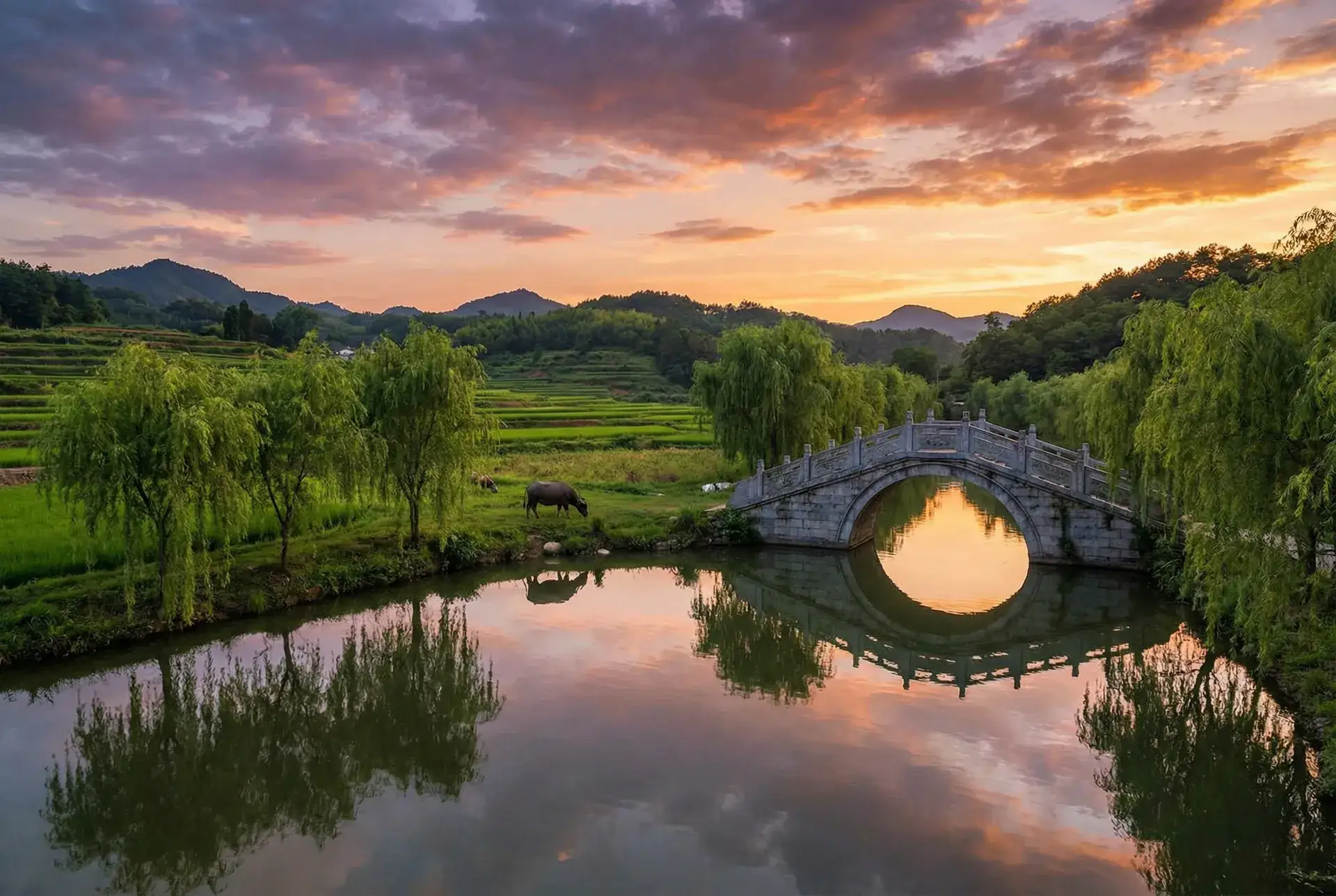 夕阳下的石拱桥与垂柳，水牛在河边吃草 - 老汉推车- 乡村美景