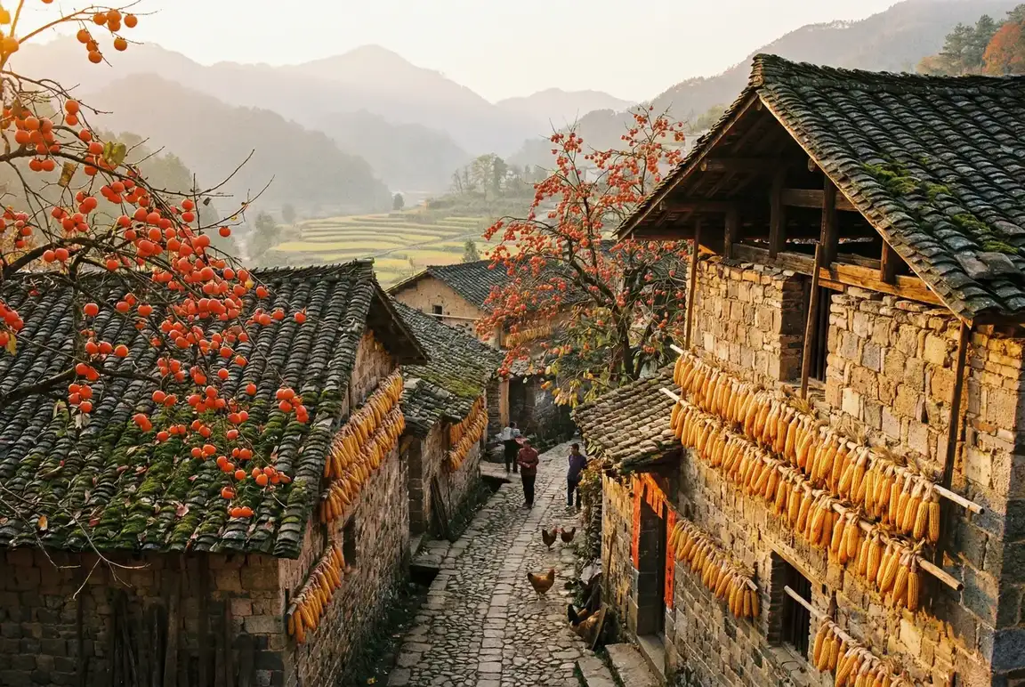 秋天的古村落，柿子树挂满红果，玉米晾晒在墙上 - 老汉推车- 秋收景象