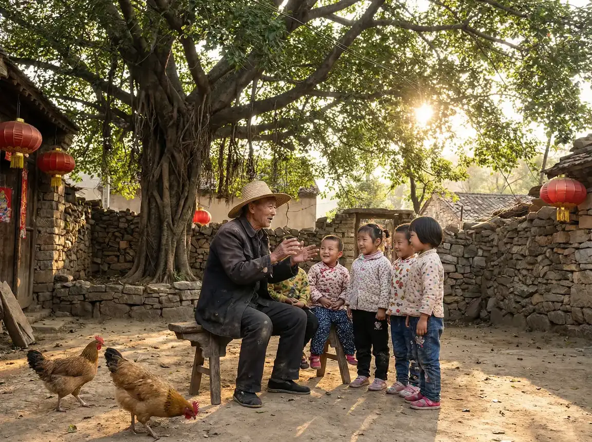 老人在大榕树下给孩子们讲故事 - 老汉推车- 乡村记忆