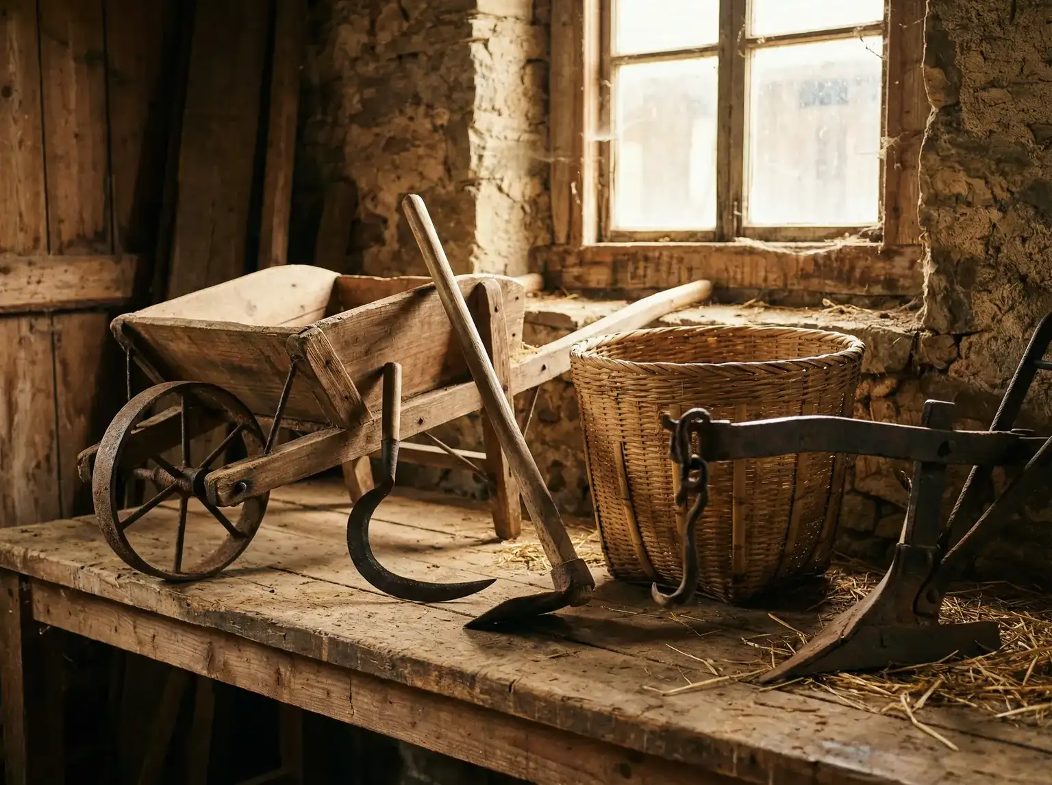 传统农具陈列在木质工作台上 - 老汉推车- 农具评测