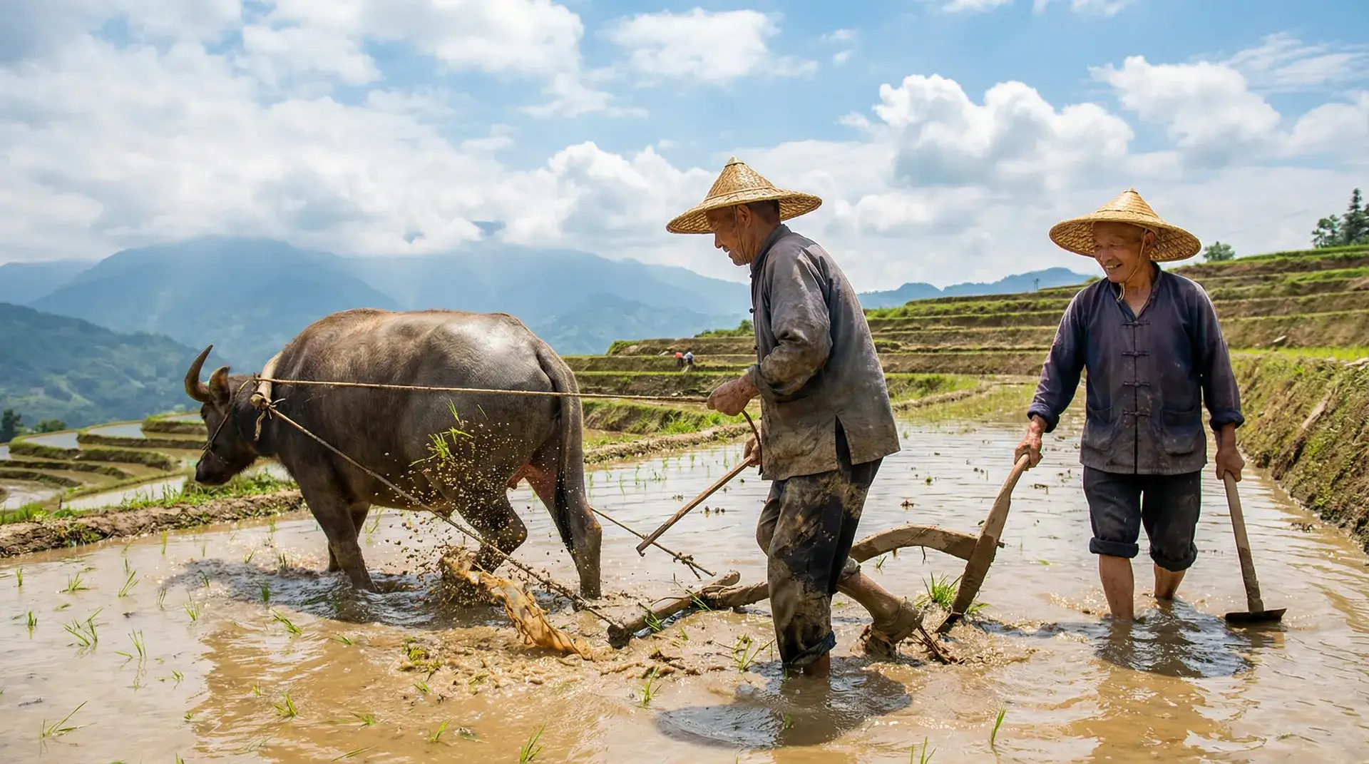 水牛犁田的乡村劳作场景 - 老汉推车- 农耕纪实